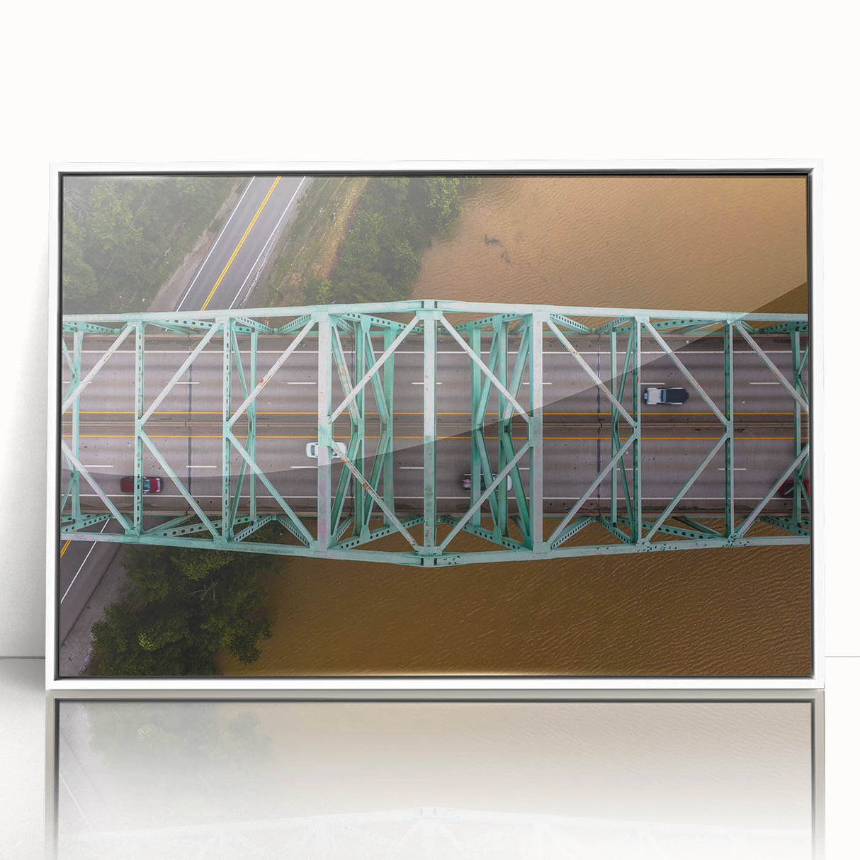 Acrylic print of a West Virginia landscape, featuring muted green and blue tones in an art deco style.
