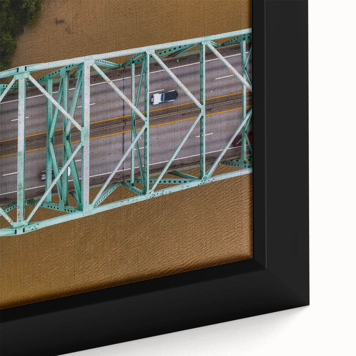 Framed canvas featuring a textured depiction of West Virginia scenery in black with colorful accents.
