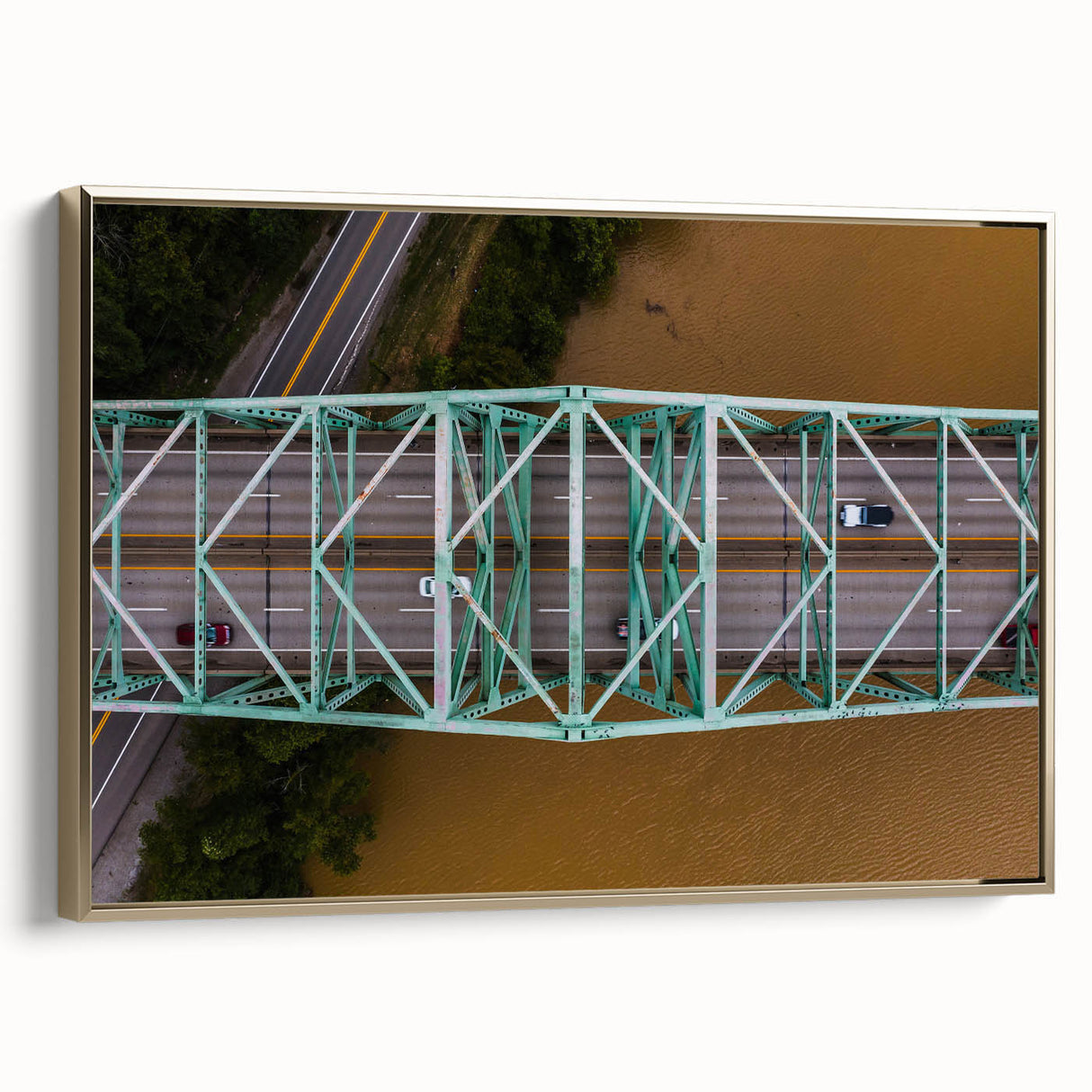 Framed canvas depicting a vintage-style West Virginia landscape in black and gold tones, ideal for bedroom wall art.