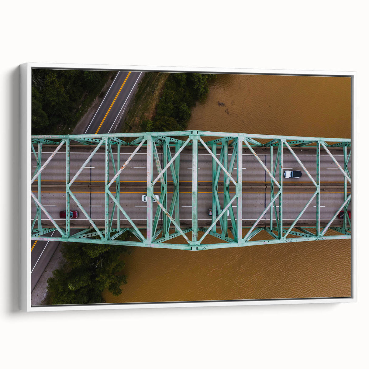 Vintage poster art of West Virginia scenery on a framed canvas, featuring vibrant green and blue tones.
