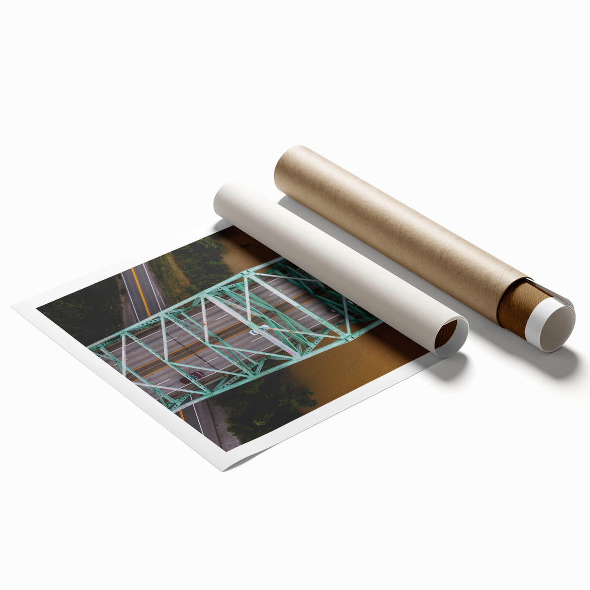 Rolled print of West Virginia scenery with soft floral elements in pastel colors, suited for classy bathroom wall art.