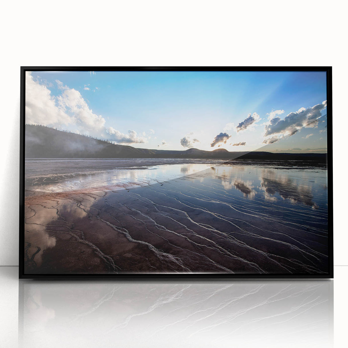 Framed acrylic print of a large abstract depiction of Yellowstone, featuring muted earth tones.