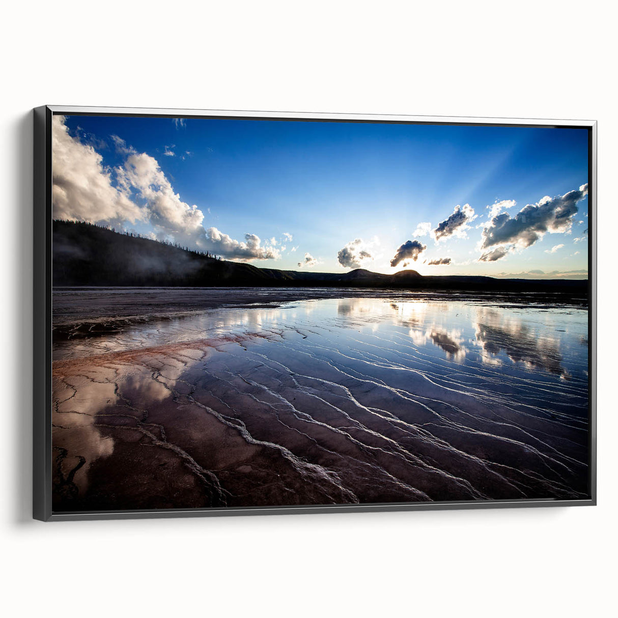 Black and white wall art featuring a vintage-style Yellowstone landscape on a framed canvas, ideal for bedroom decor.
