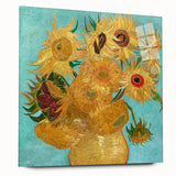 Large abstract wall art on acrylic glass depicting vibrant swirls in blue and yellow tones.