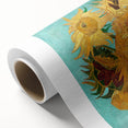 Art deco poster featuring geometric patterns in gold and teal tones on rolled canvas, suitable for dining room walls.
