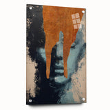 Abstract figurative artwork on acrylic glass, showcasing vibrant colors and intricate details, displayed from a side view with decorative pins for mounting.
