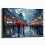 Framed canvas wall art depicting an abstract landscape with soft hues of blue and green, featuring a sleek black frame and a side view showcasing its artistic depth. Ideal for modern home decor, this piece adds a touch of elegance to any living space.