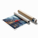 Abstract landscape wall art print featuring vibrant colors and fluid shapes, rolled for easy shipping and display, ideal for modern home decor.