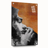 Abstract figurative acrylic artwork displayed from the side, showcasing vibrant colors and dynamic shapes, secured with decorative pins on a glass panel.