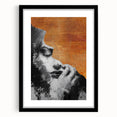 Abstract figurative artwork framed in a sleek black mat, showcasing vibrant colors and dynamic shapes, ideal for contemporary home decor and artistic expression.