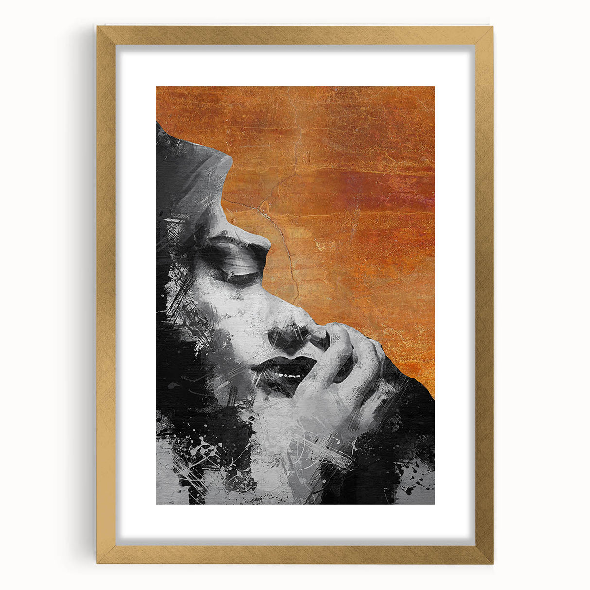 Abstract figurative frame with a gold mat, showcasing a modern art piece that combines vibrant colors and unique shapes, perfect for contemporary home décor.
