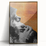 Abstract figurative framed acrylic artwork in gold tones, showcasing dynamic shapes and textures, ideal for modern home decor and artistic expression.