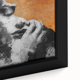 Close-up of a textured abstract figurative framed canvas art print, showcasing vibrant colors and dynamic shapes, perfect for modern home decor.
