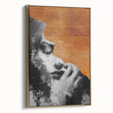 Abstract figurative framed canvas artwork showcasing gold accents and a unique design, displayed in a side view to highlight its intricate details and texture. Ideal for modern home decor.