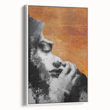 Framed abstract figurative canvas art in a contemporary style, showcasing dynamic shapes in muted tones, displayed against a white wall for a modern aesthetic.