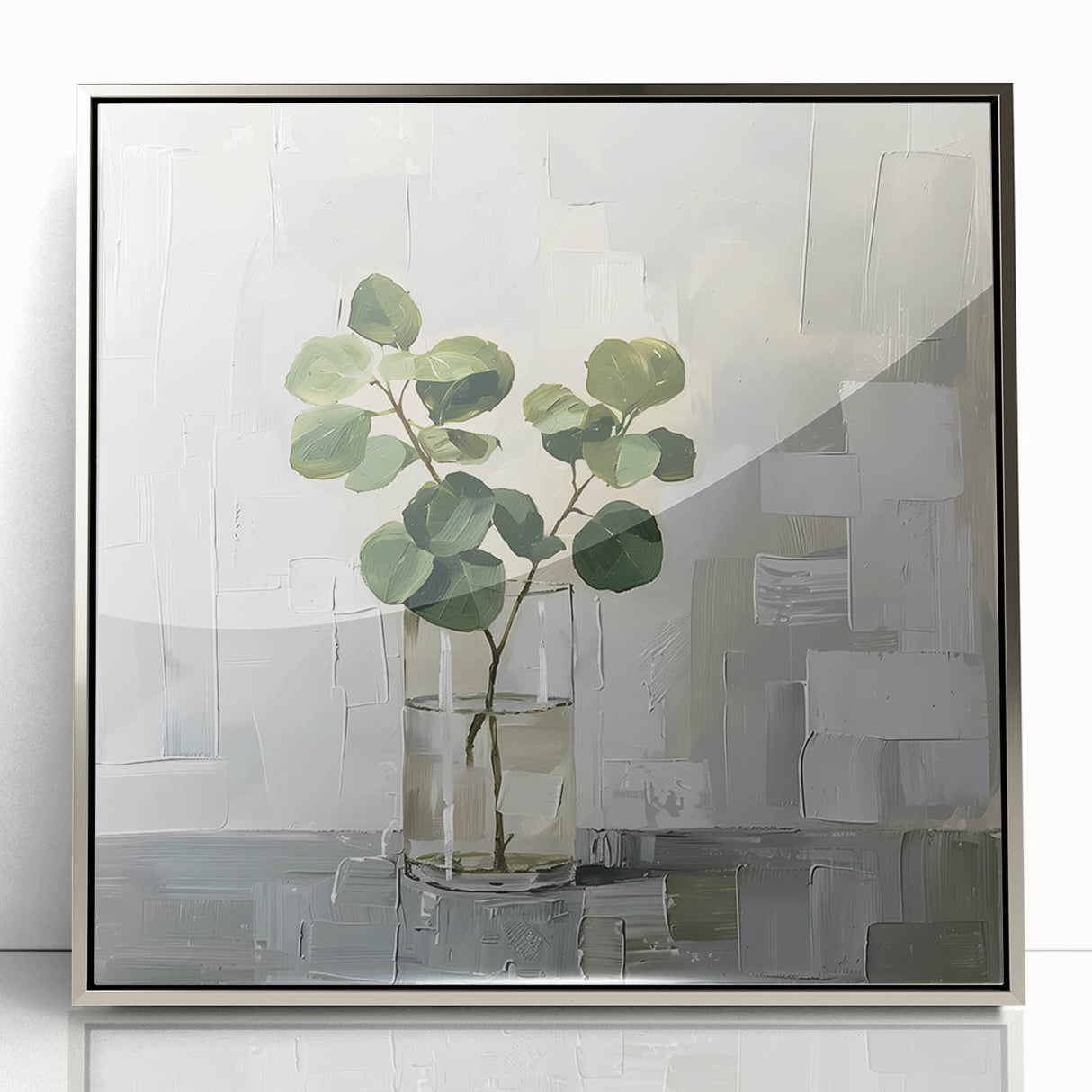 Framed abstract floral wall art in silver acrylic, showcasing vibrant colors and intricate patterns, perfect for modern home decor and stylish interiors.