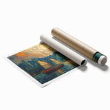 Abstract landscape wall art print showcasing vibrant colors and swirling patterns, rolled and ready for framing, ideal for modern home decor enthusiasts.