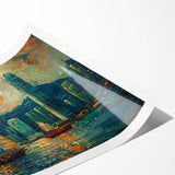Abstract landscape wall art print showcasing vibrant colors and dynamic shapes, elegantly rolled for shipping in a protective cardboard tube, perfect for modern decor.