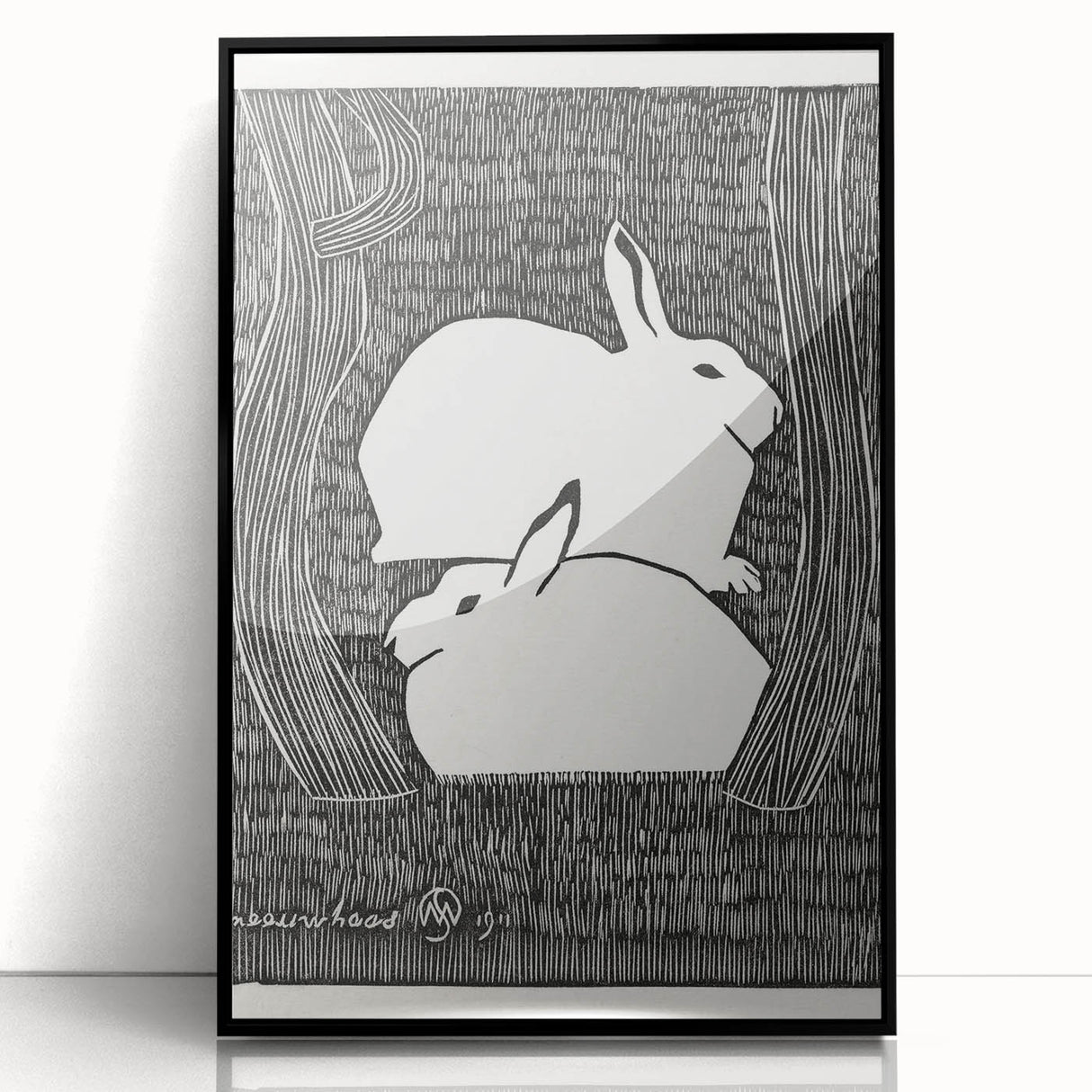Minimalist Snow Hares Wall Art - Monochrome Animal Art Print
