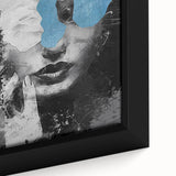 Close-up of an abstract figurative framed canvas artwork featuring vibrant colors and intricate details, ideal for modern home decor and artistic expression.