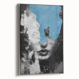 Framed abstract figurative canvas artwork with silver border, showcasing a modern design that enhances contemporary home decor. Ideal for living rooms or galleries.