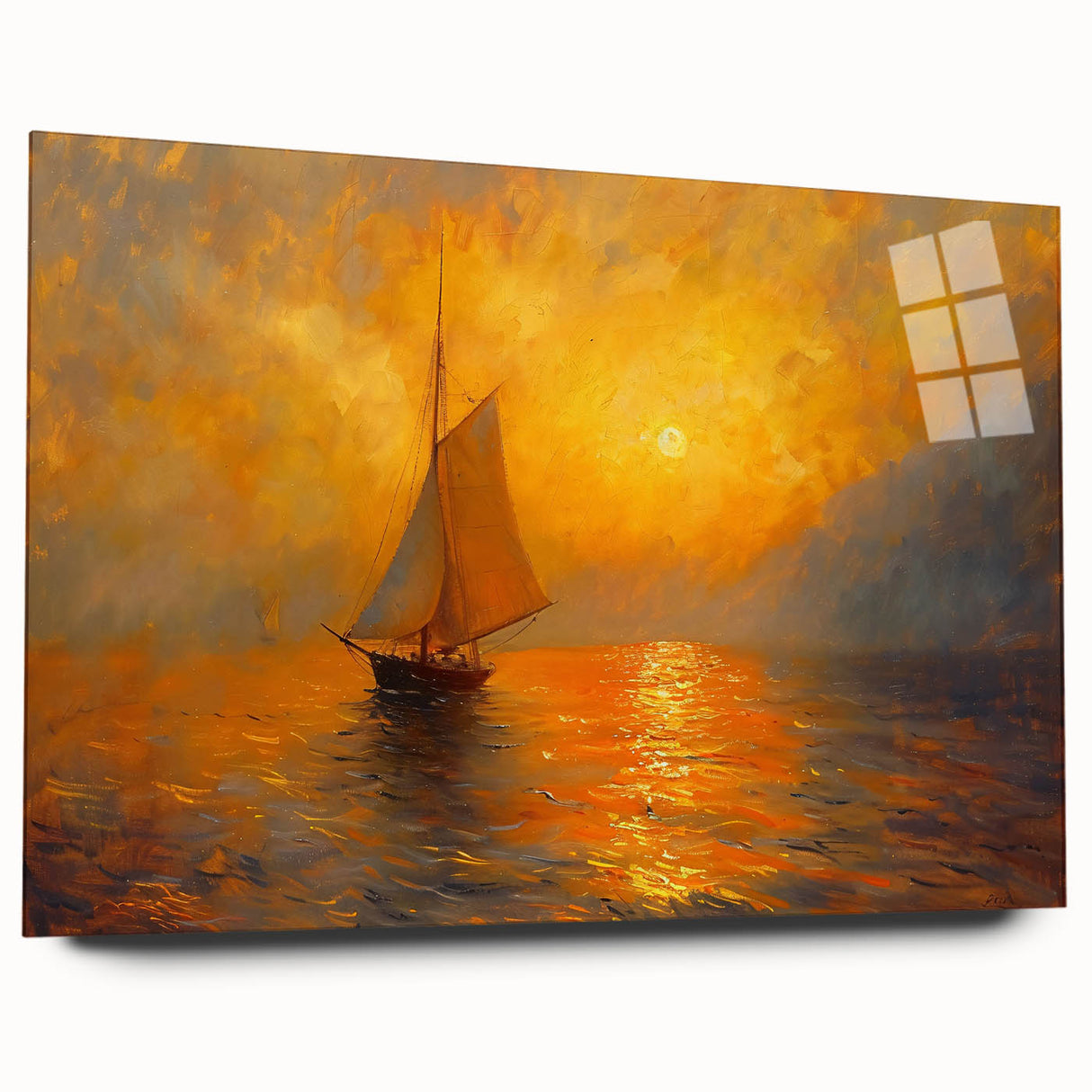 Abstract landscape wall art displayed in a sleek acrylic frame, showcasing vibrant colors and fluid shapes, perfect for modern home decor. Side view highlights the glass finish and elegance of the piece, emphasizing its artistic appeal.