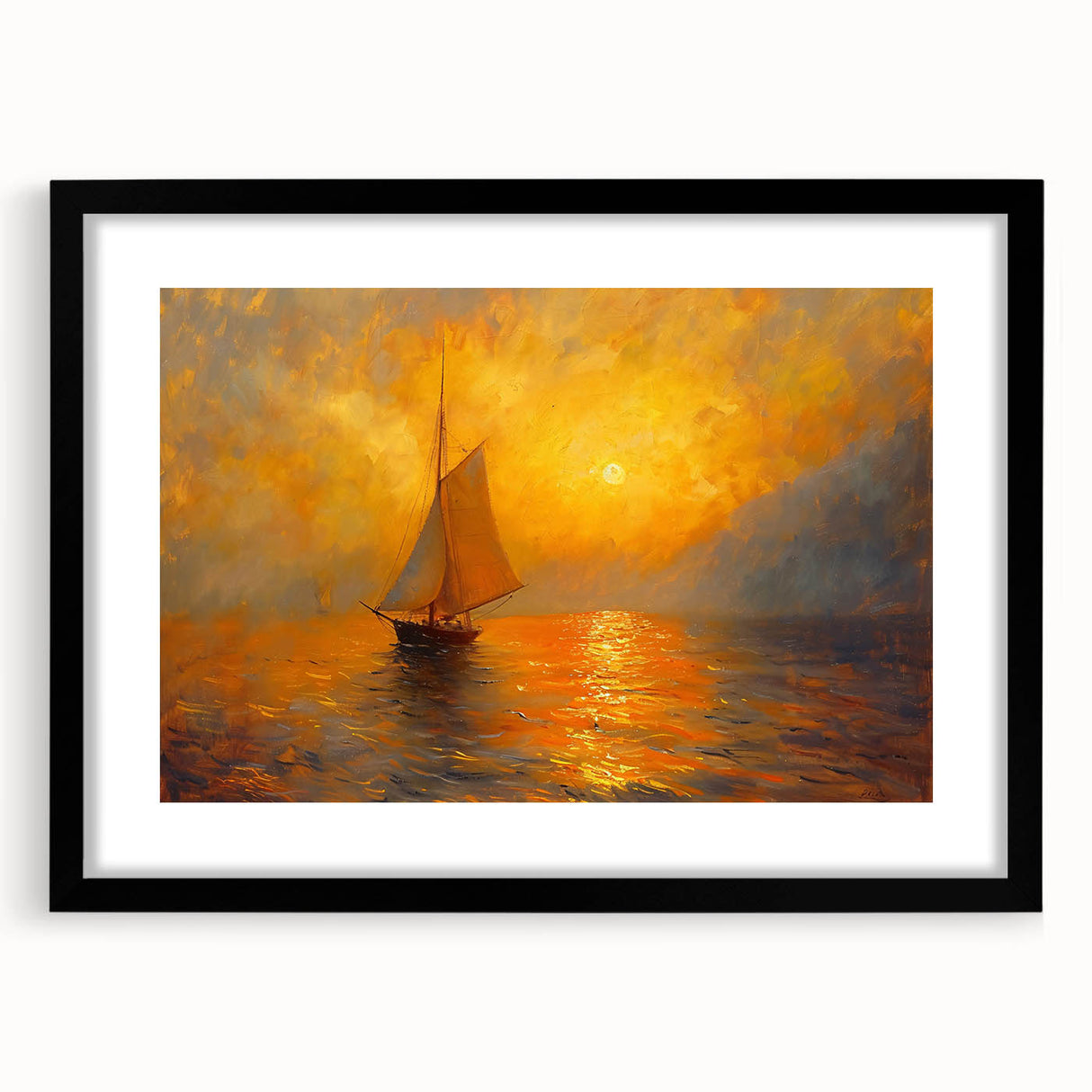 Abstract landscape wall art framed in black with a white mat, showcasing vibrant colors and intricate textures, ideal for modern home decor.