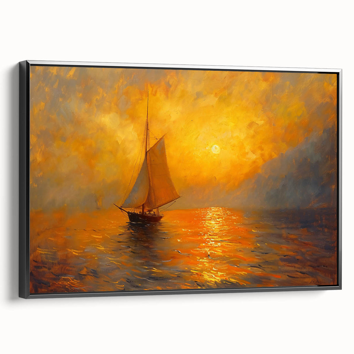 Framed canvas wall art depicting an abstract landscape design with bold colors and dynamic shapes, presented in a sleek black frame, adding modern elegance to any decor.