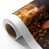 Art Deco poster featuring the fall season on a rolled canvas, with warm orange and brown tones, ideal for nursery wall art.