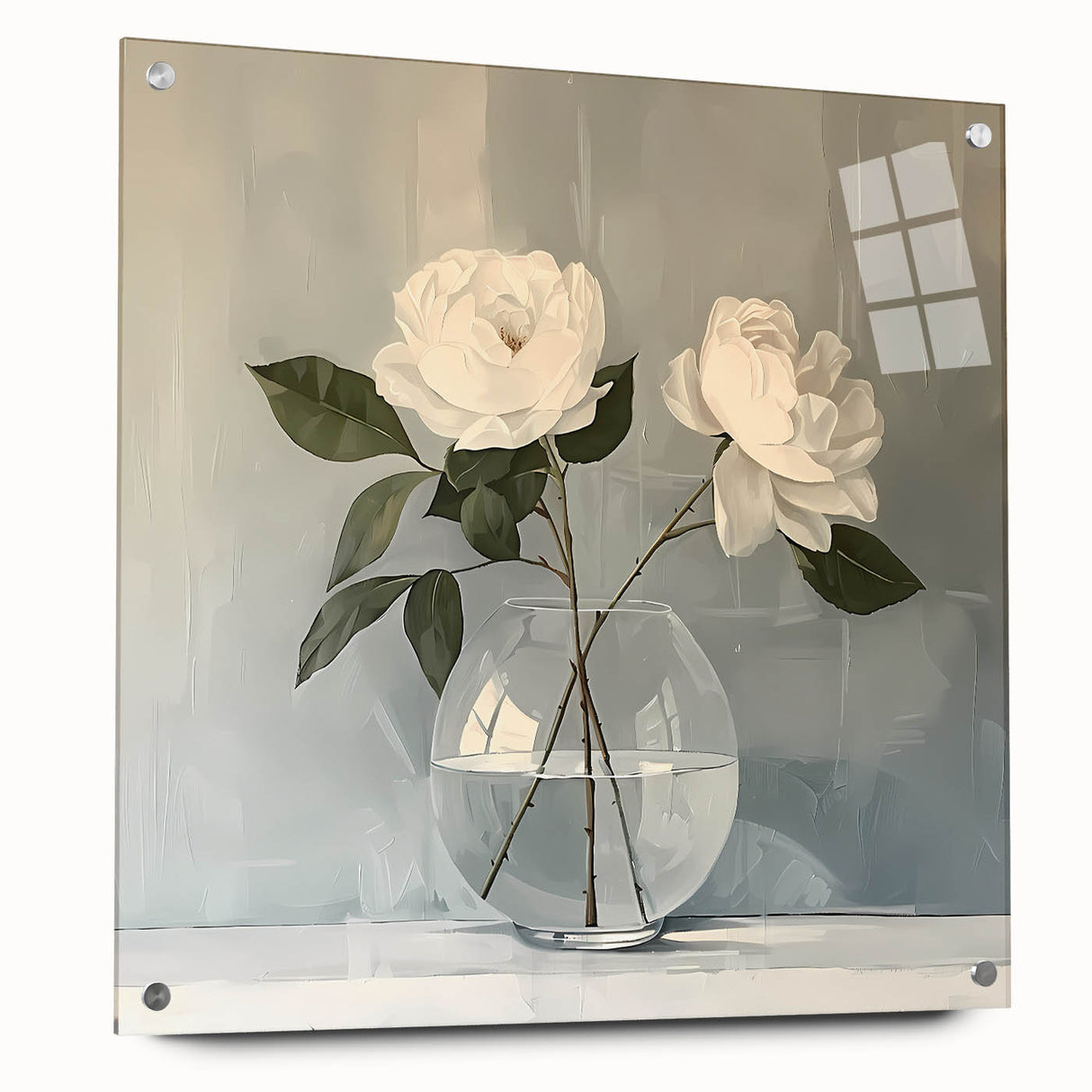 Abstract floral wall art design displayed in a side view, featuring vibrant colors and intricate patterns, mounted with pins on a clear acrylic glass surface, perfect for modern decor.