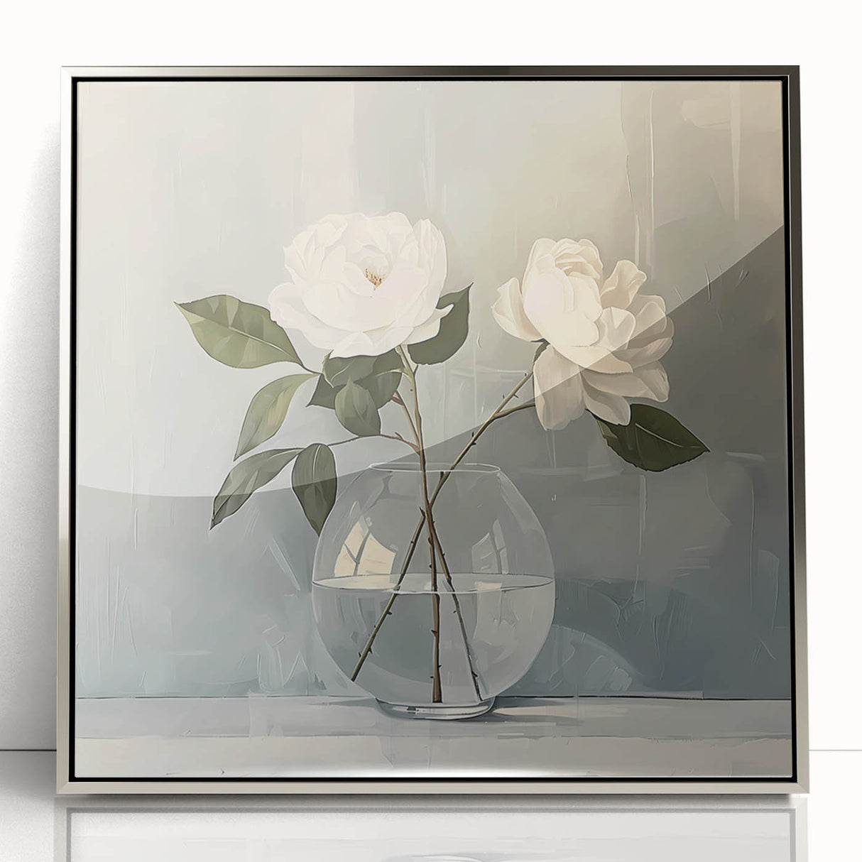 Framed abstract floral wall art featuring a vibrant design with silver accents, showcased in a sleek acrylic frame, perfect for modern home decor. This piece adds a touch of elegance and color to any interior space.