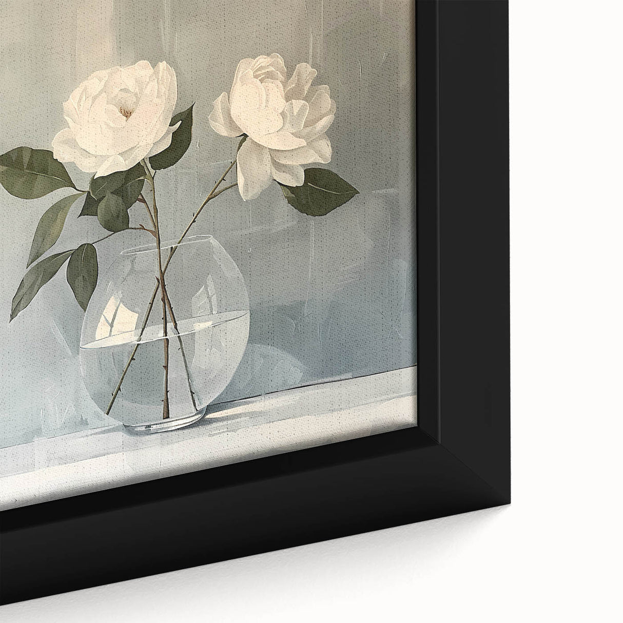 Close-up of a framed abstract floral wall art piece, showcasing vibrant colors like pink, green, and blue on a textured canvas, perfect for modern decor.