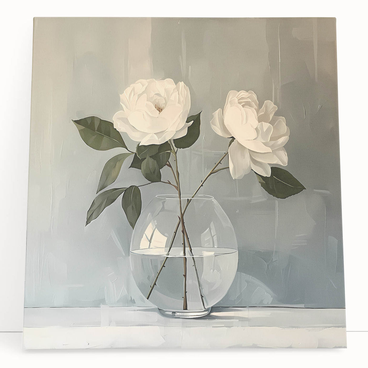 Abstract floral wall art stretched on canvas, featuring vibrant colors of pink, blue, and green, elegantly leaning against a neutral wall, perfect for modern decor.