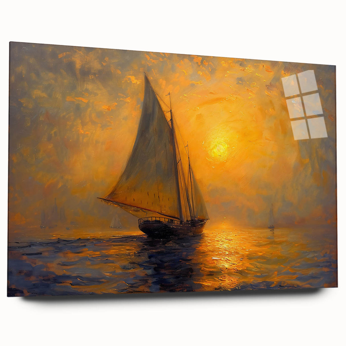 Abstract landscape wall art displayed in a sleek acrylic frame, showcasing vibrant colors and fluid designs, perfect for modern home decor. The side view highlights the depth and clarity of the artwork, enhancing its visual appeal.