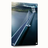 Acrylic glass landscape bridge design showcasing intricate details from a side view, elegantly mounted with pins for a modern artistic presentation.