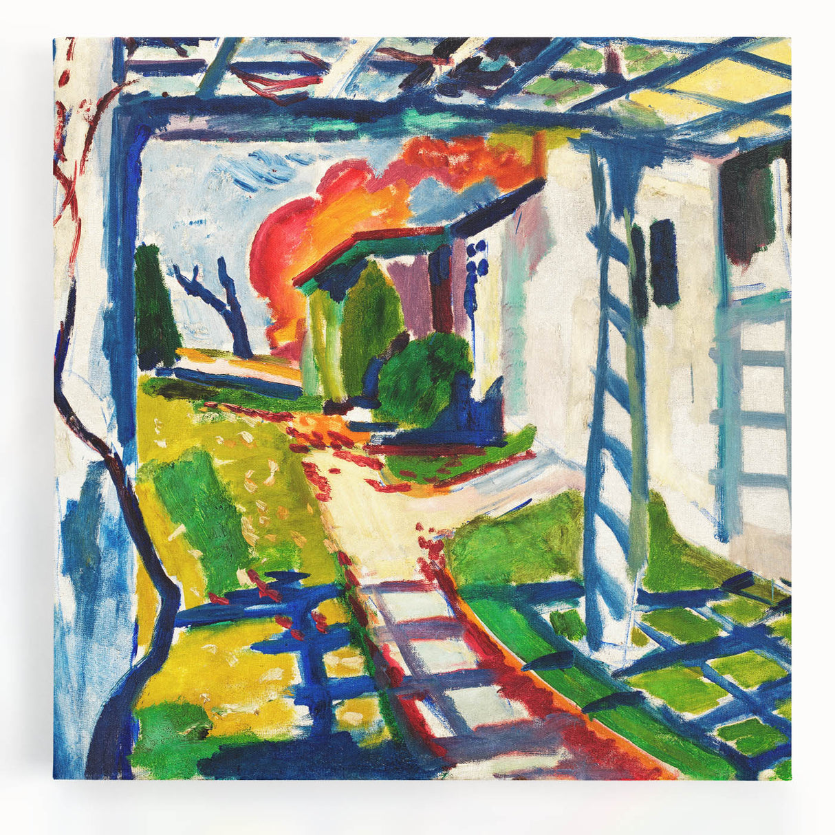 Modernist Garden Scene - Vibrant Wall Art of Grape Arbor and Sunlight