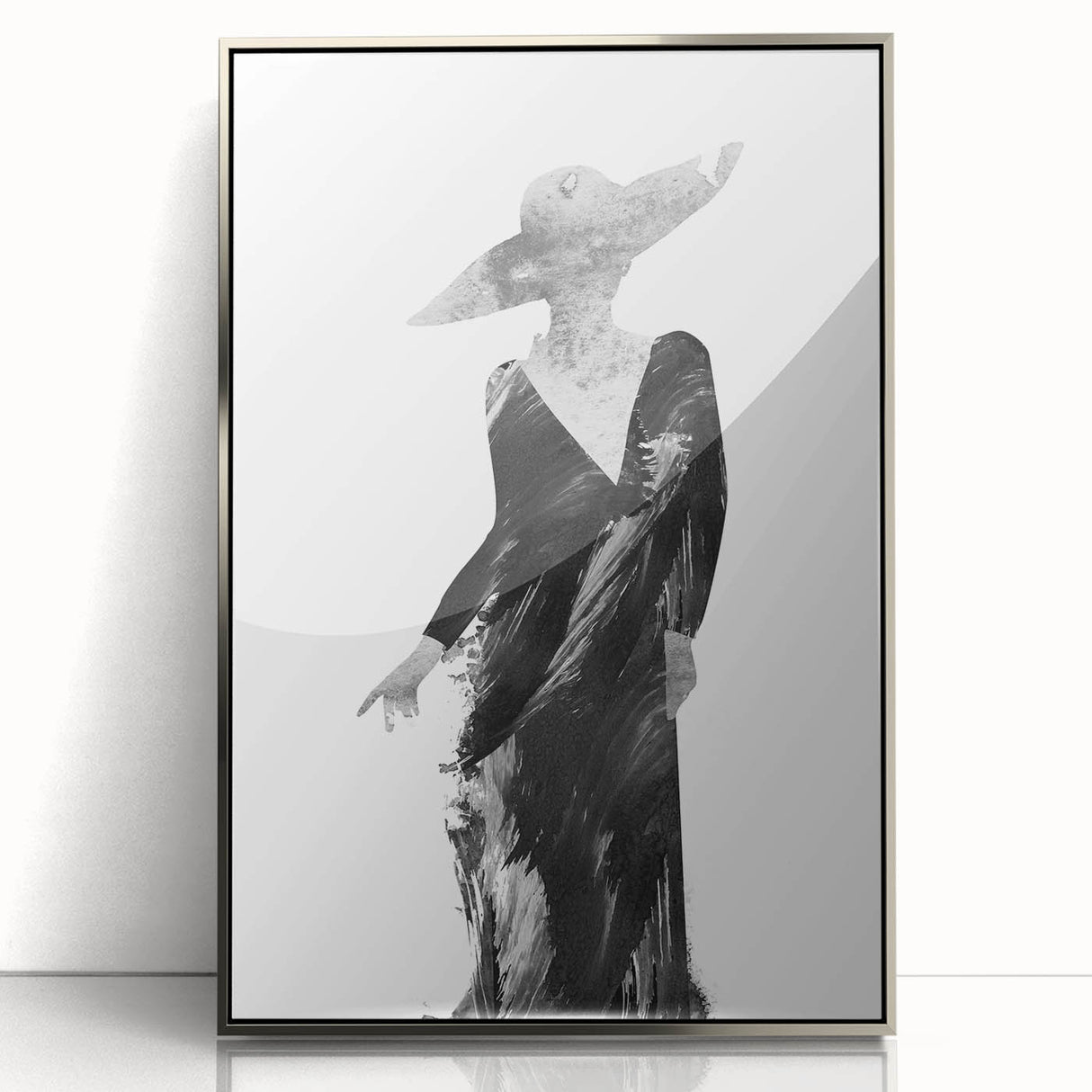 Framed abstract figurative artwork in silver acrylic, showcasing a modern design with vibrant colors and intricate details, perfect for contemporary home decor.