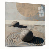 Abstract minimalist wall art displayed in a sleek acrylic glass frame, showcasing vibrant colors and geometric patterns, perfect for modern home decor.
