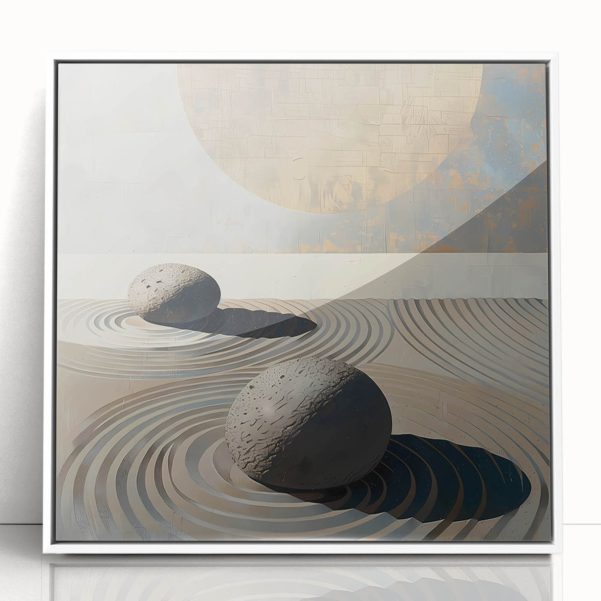 Framed minimalist abstract wall art in white acrylic, showcasing geometric shapes and soft tones, perfect for modern home decor and enhancing interior spaces.
