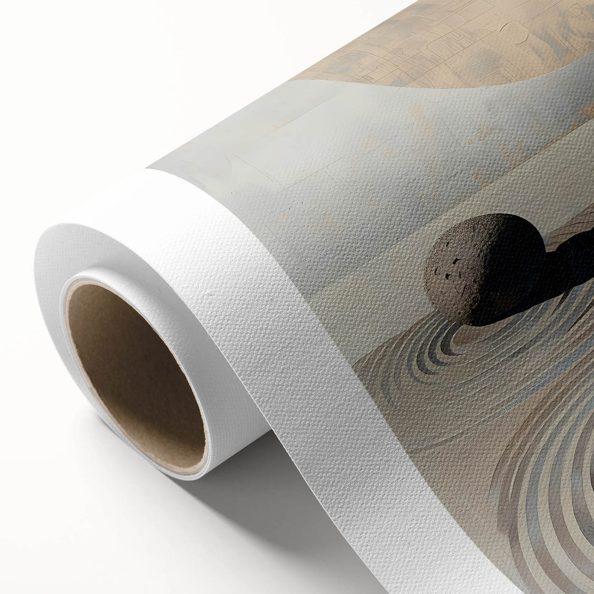 Abstract minimalist wall art design on rolled canvas, featuring soft pastel colors and geometric shapes, ideal for modern interior decor, packaged securely in a cardboard tube.