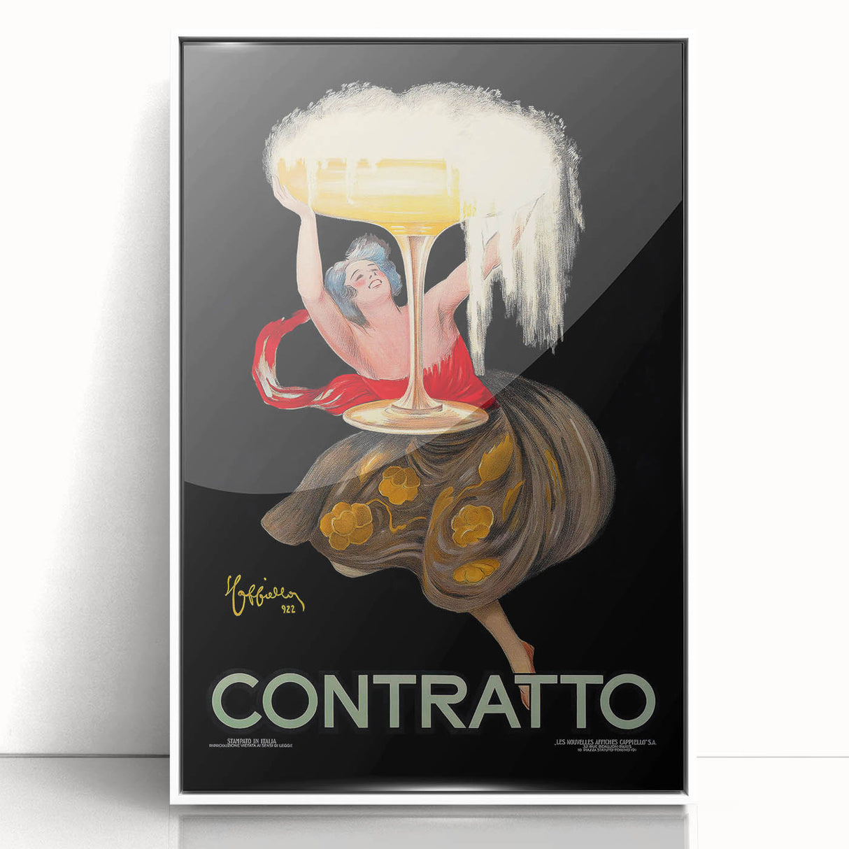 Mid-century modernist art featuring abstract food and drinks design in muted colors on a white acrylic framed poster.