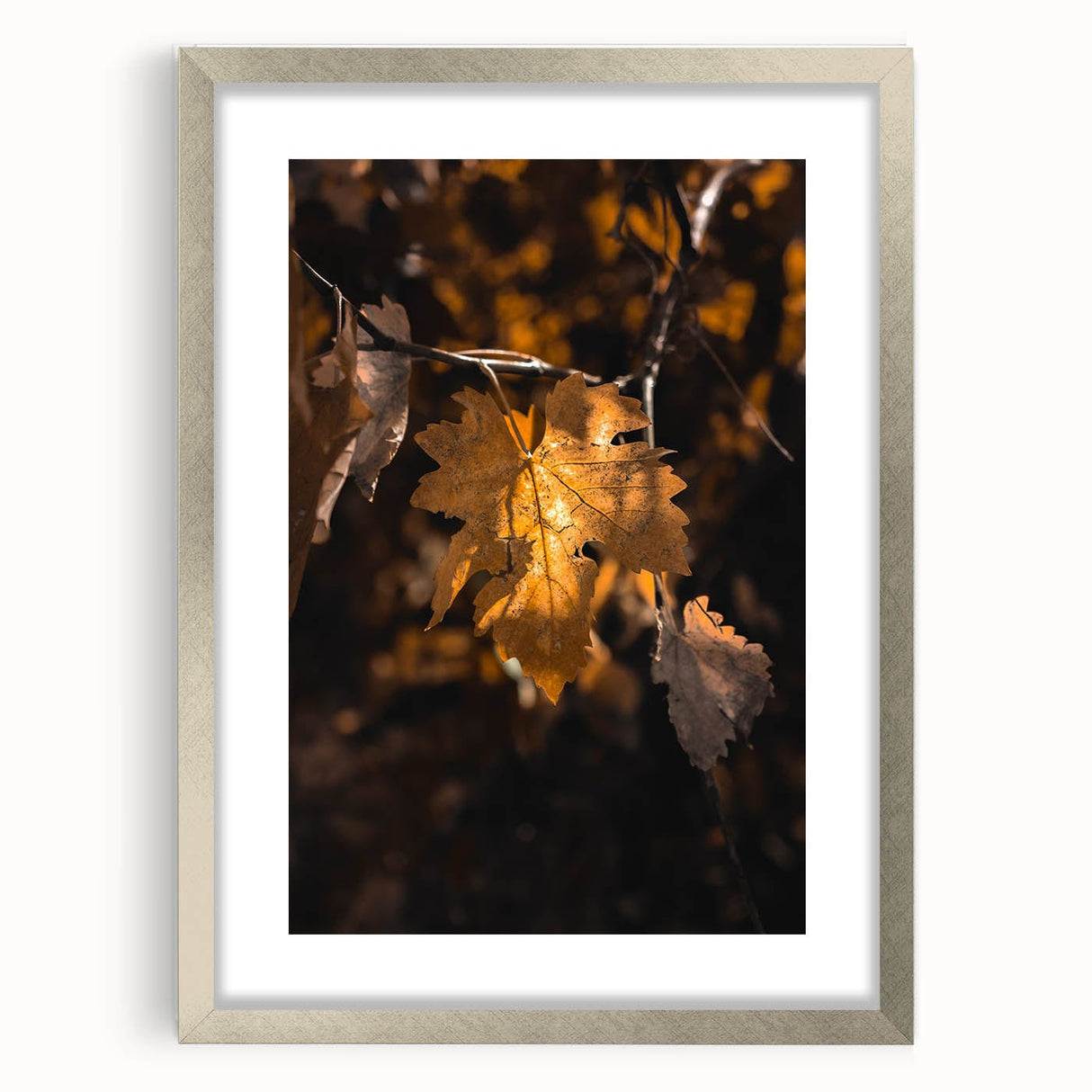 Textured abstract art print depicting autumnal colors on a silver-framed canvas, ideal for bedroom art.