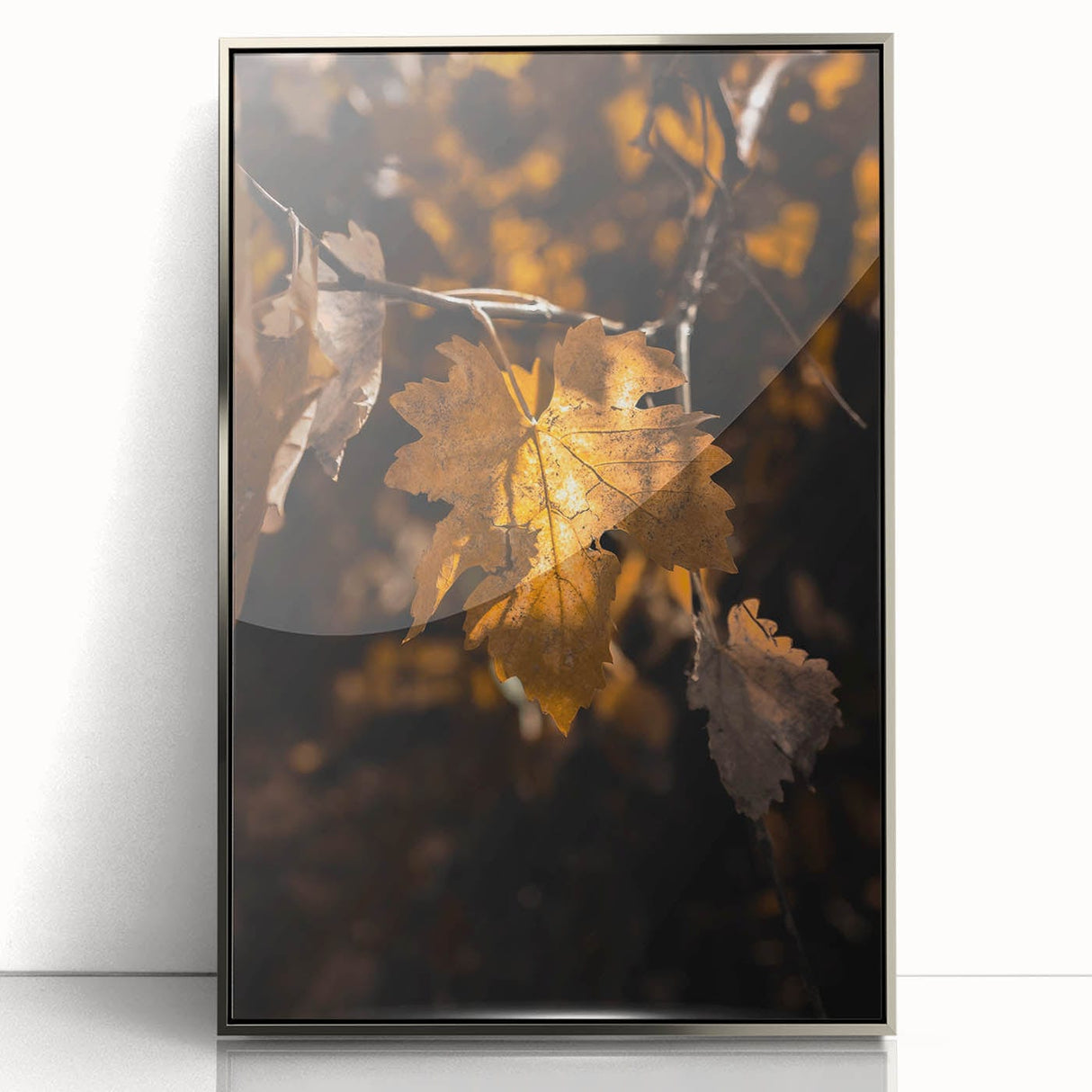 Mid-century modernist art depicting an autumn scene in muted orange and brown tones, framed acrylic.