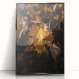 Mid-century modernist art depicting an autumn scene in muted orange and brown tones, framed acrylic.