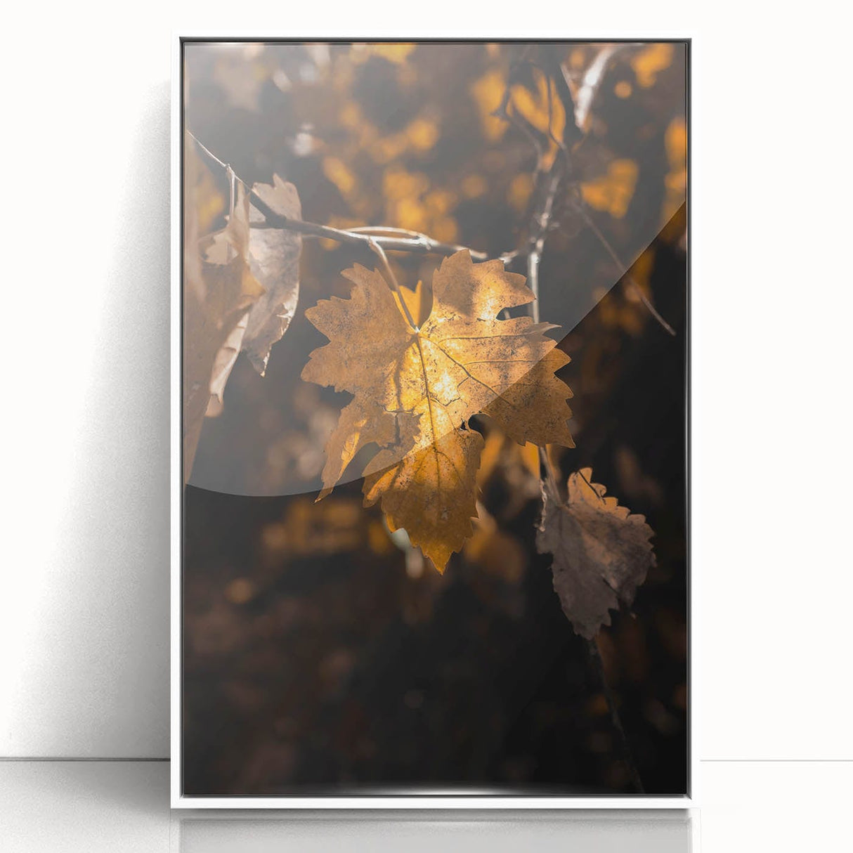 Art deco poster depicting a stylized autumn scene in muted orange and brown tones on framed acrylic.