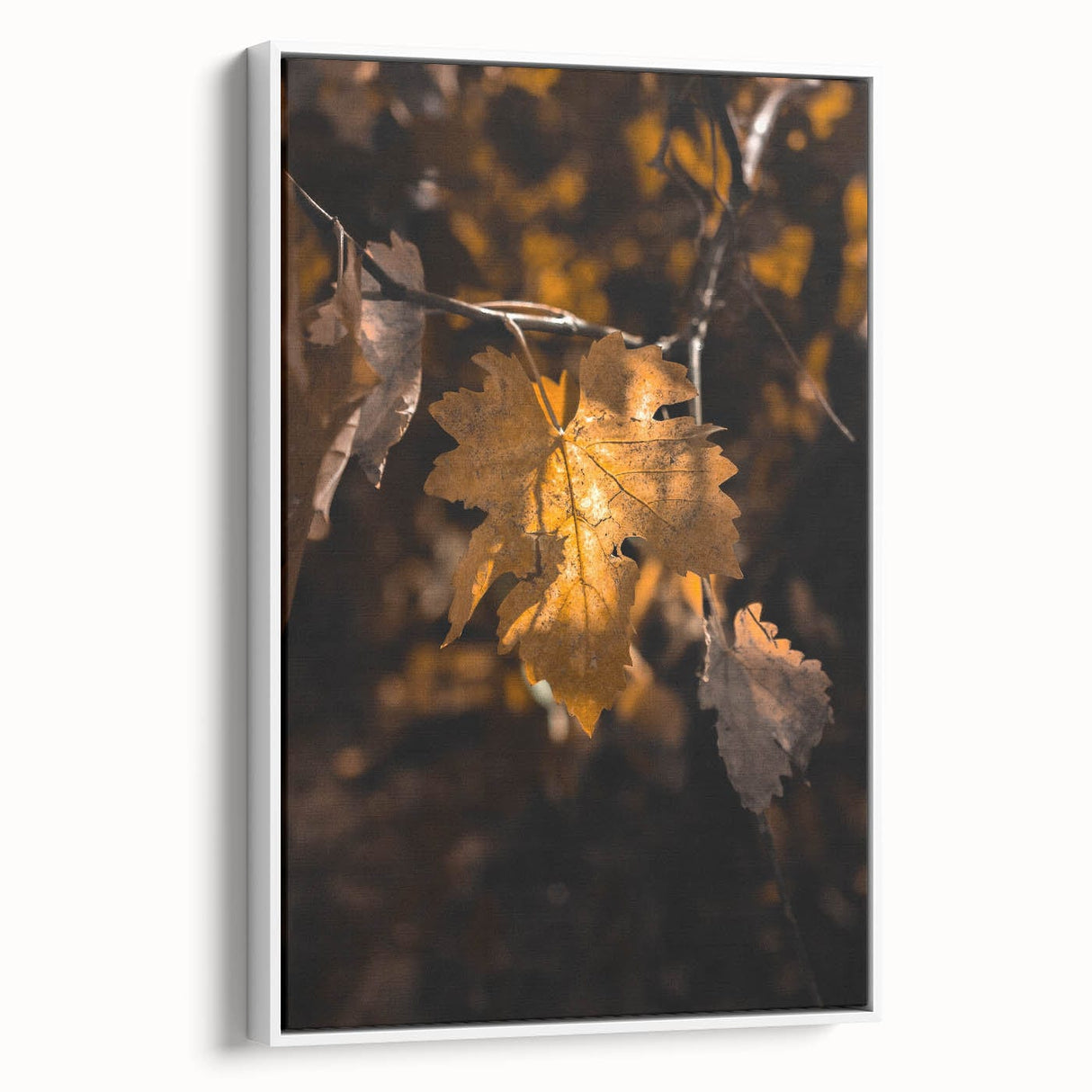 Vintage poster art depicting an autumnal scene with colorful foliage on a framed canvas, ideal for living room decor.