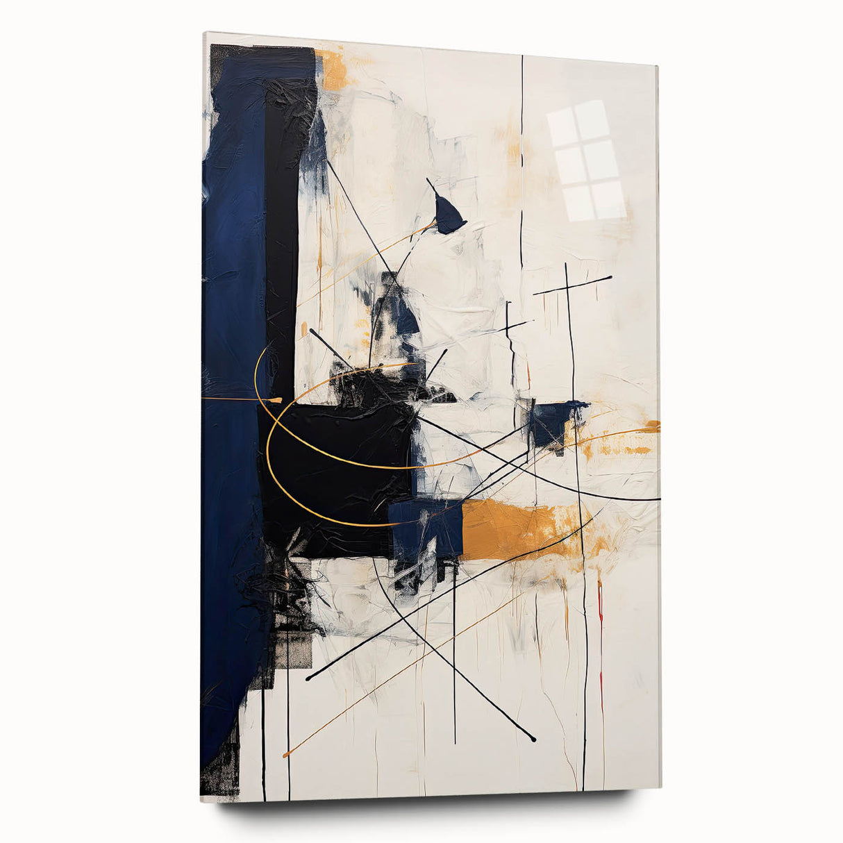Abstract minimalist wall art design displayed in a sleek acrylic glass frame, showcasing fluid shapes and a muted color palette, perfect for modern decor.