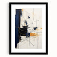 Abstract minimalist wall art framed in black with a white mat, showcasing geometric shapes and muted colors, perfect for modern home decor.