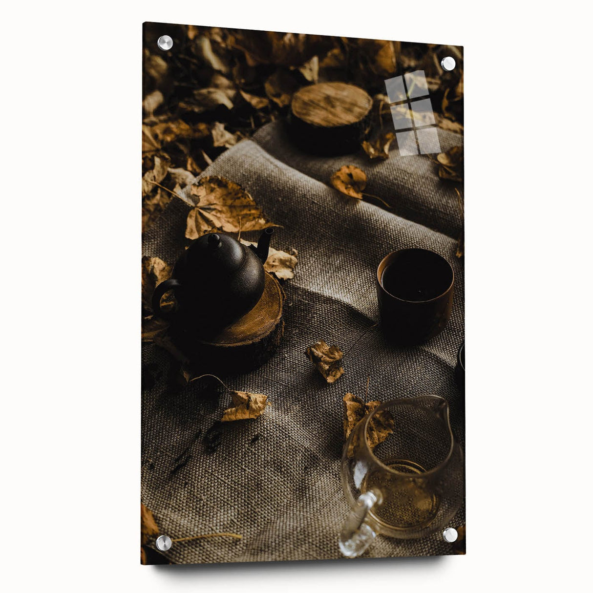 Large abstract wall art depicting autumn foliage in vibrant orange and red tones on acrylic glass.