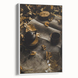 Vintage poster art depicting an autumnal forest scene on a framed canvas, featuring a palette of warm fall colors.